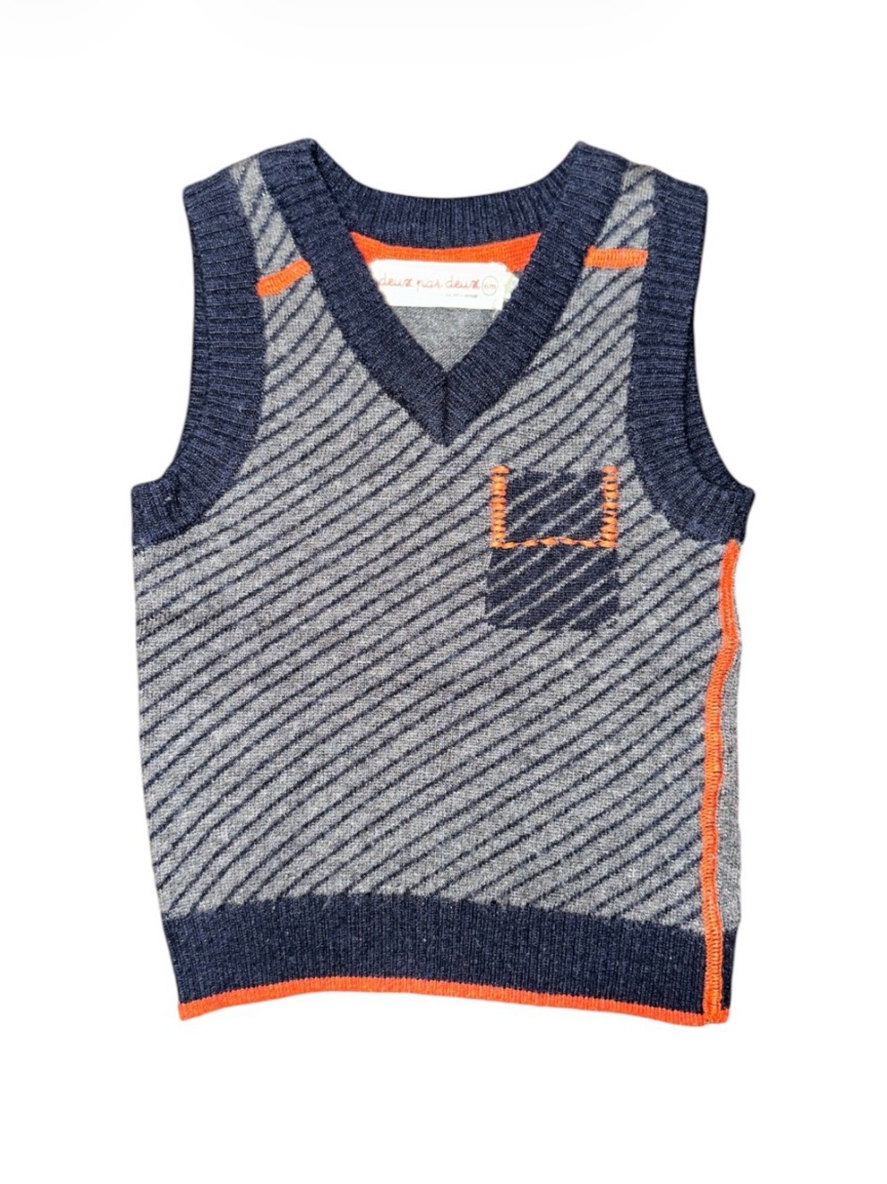 deux par deux Wool Blend Gray V-Neck Sweater Vest with Navy & Orange Accents